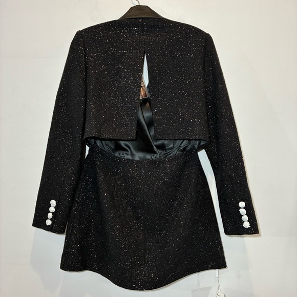 Self Portrait NWT Double Breasted V Neck Black Metallic Woven Blazer Dress Us 6 - Picture 5 of 8